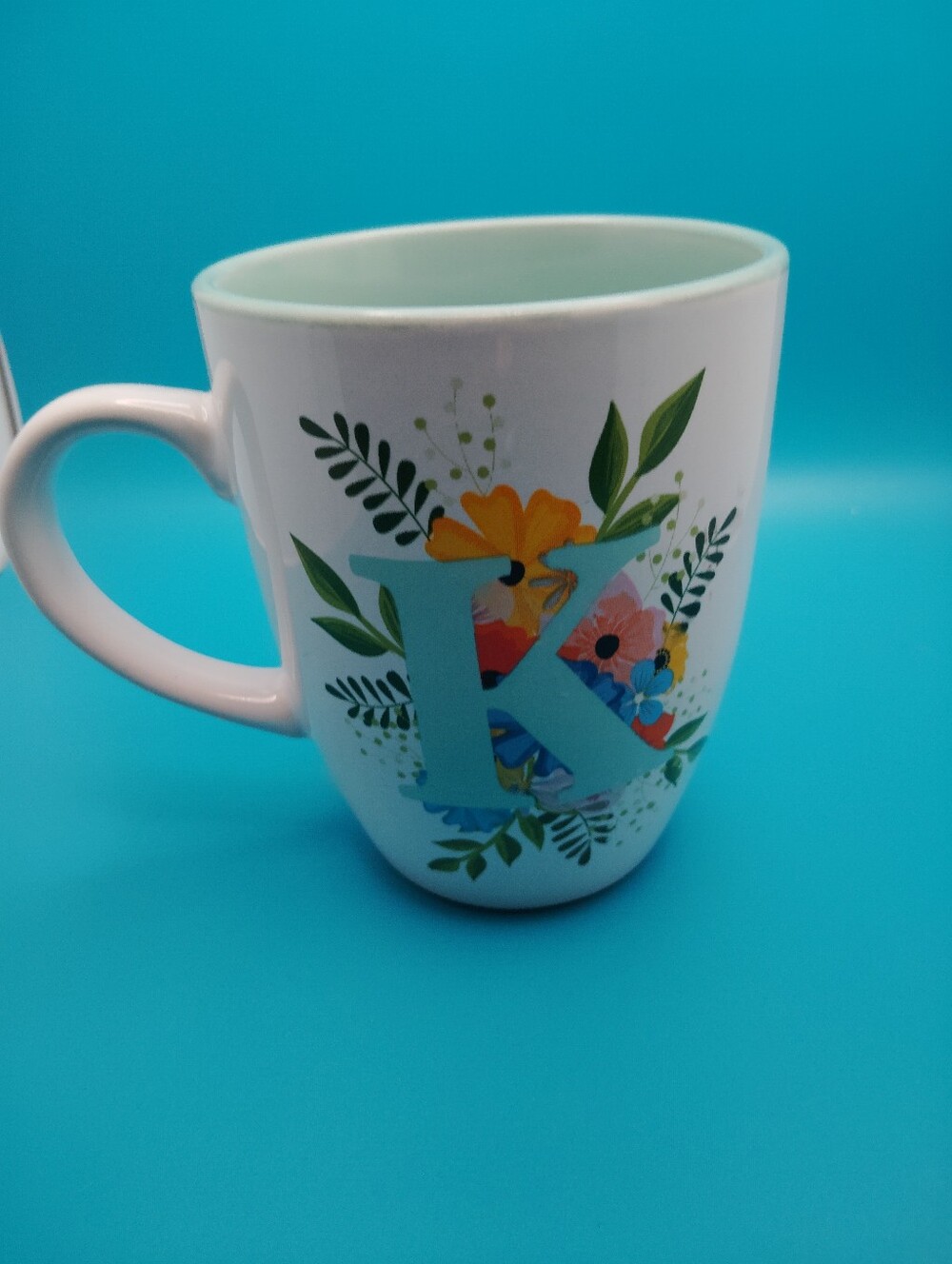 White Ceramic Initial K Mug with Floral Design